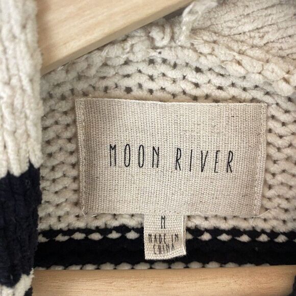 Moon River Long Vest Sweater Size M Beige Black Striped Knit Fringe Hem Boho - Picture 6 of 10